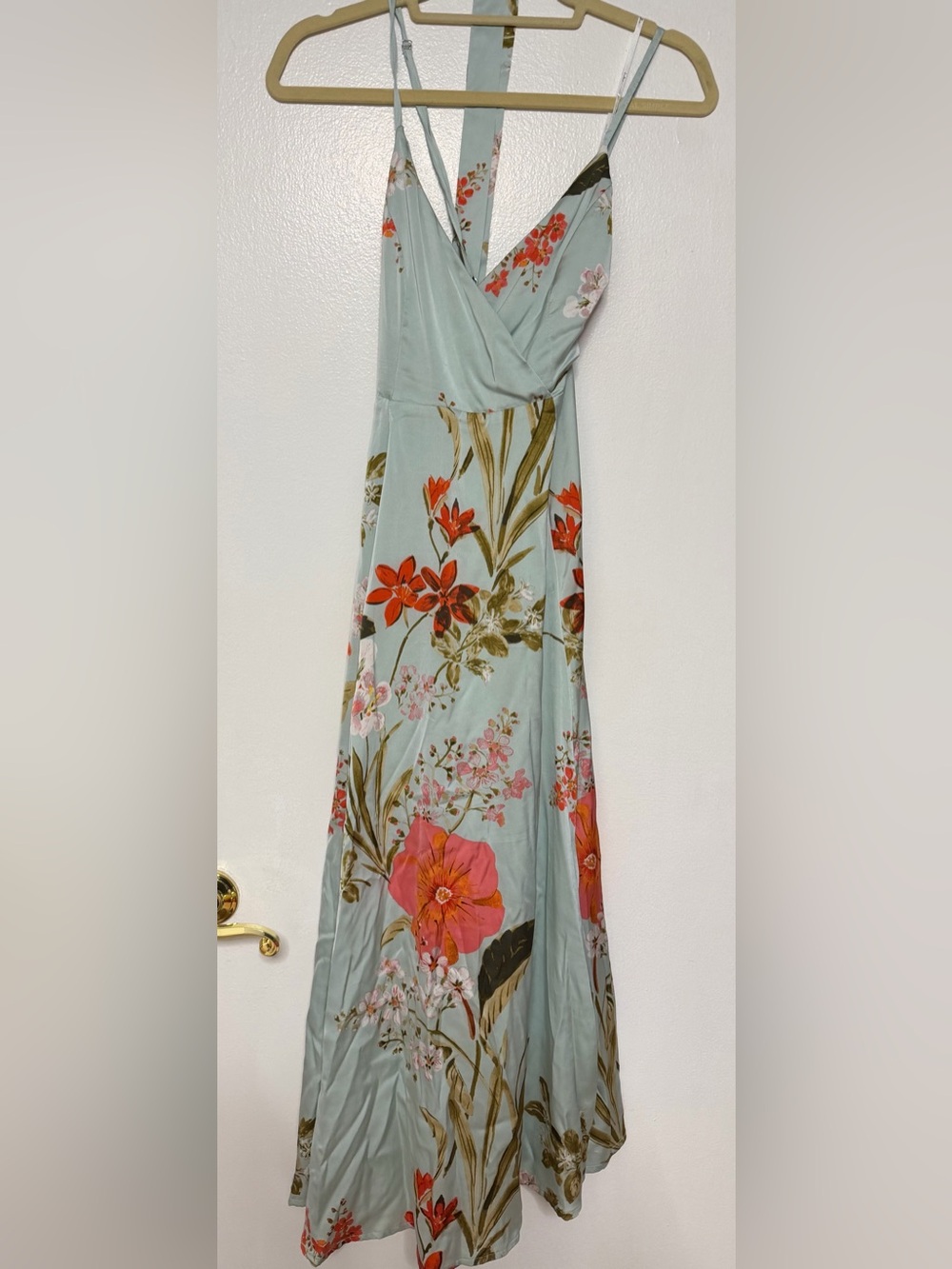 Lulu's Sage Green Satin Maxi Dress with Coral and Pink Florals